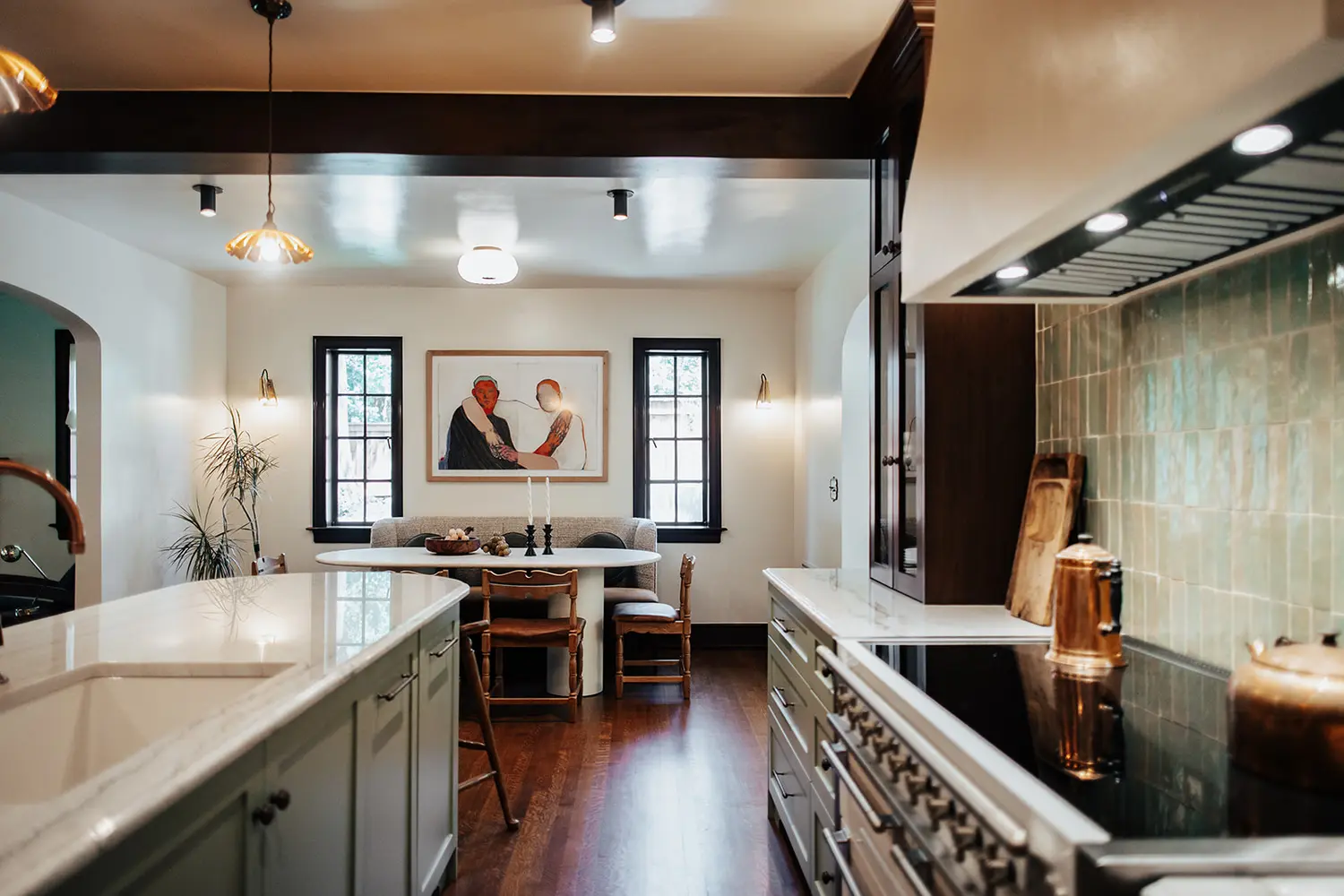 Breakfast nook off a custom kitchen in a 1932 Salt Lake City home, blending historic character with modern function